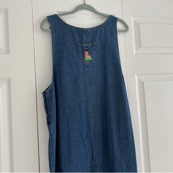 Vintage 4th of July Denim Dress Women's L Lighthouse Embroidered Dress Overall - Picture 7 of 10